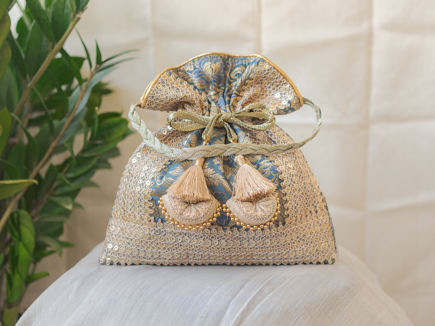 Grey & Golden Banarasi Potli With Triple Lace