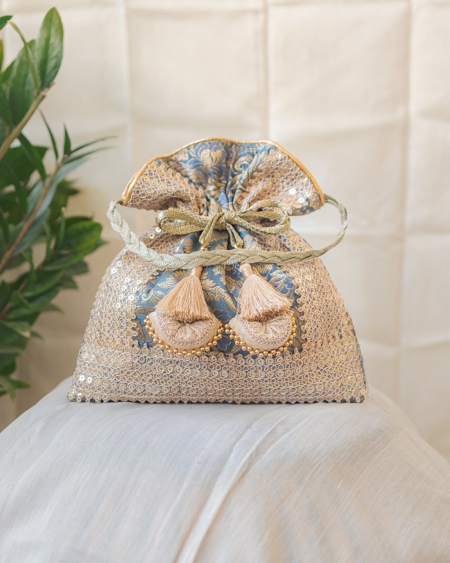 Grey & Golden Banarasi Potli With Triple Lace