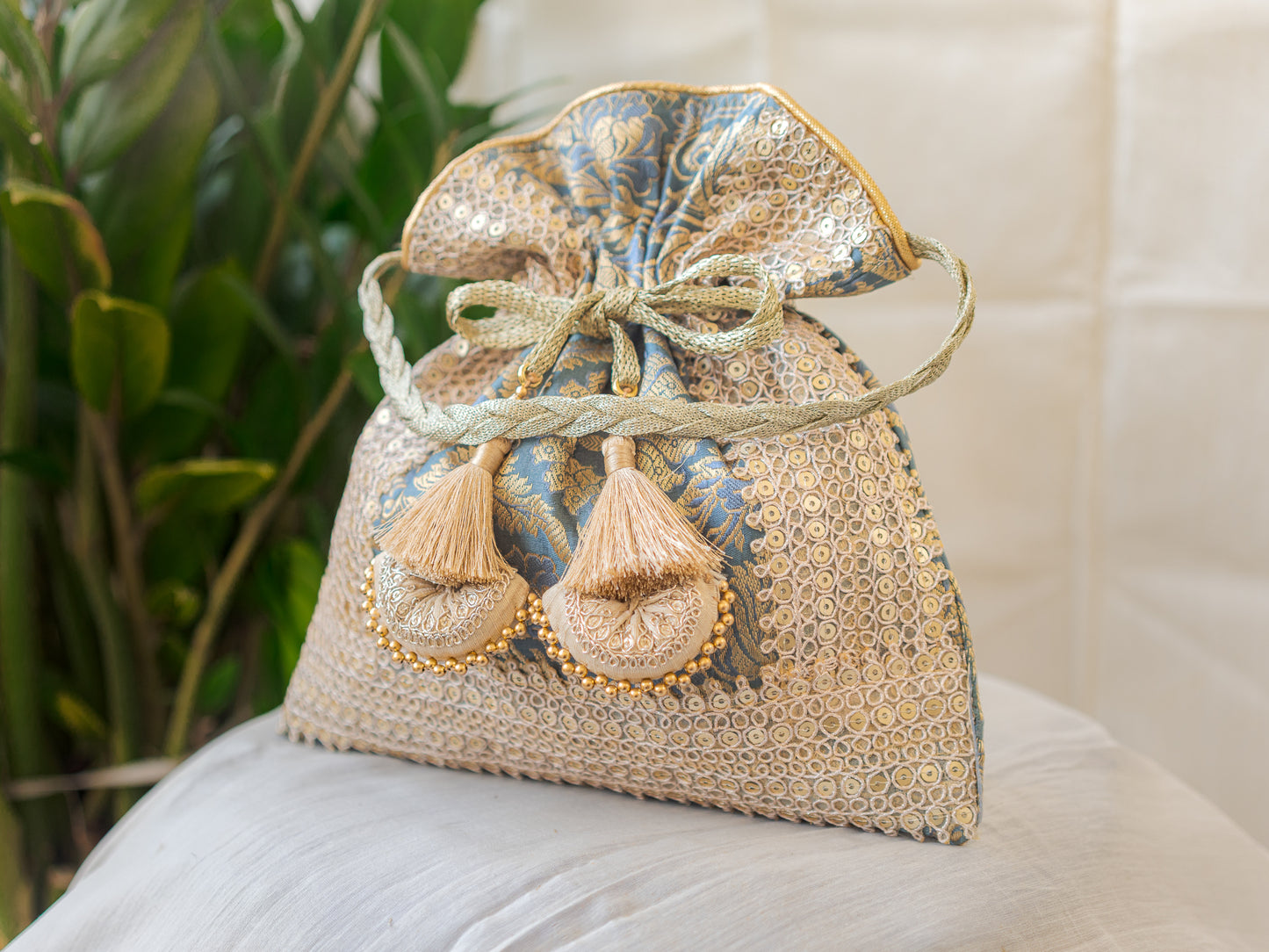 Grey & Golden Banarasi Potli With Triple Lace