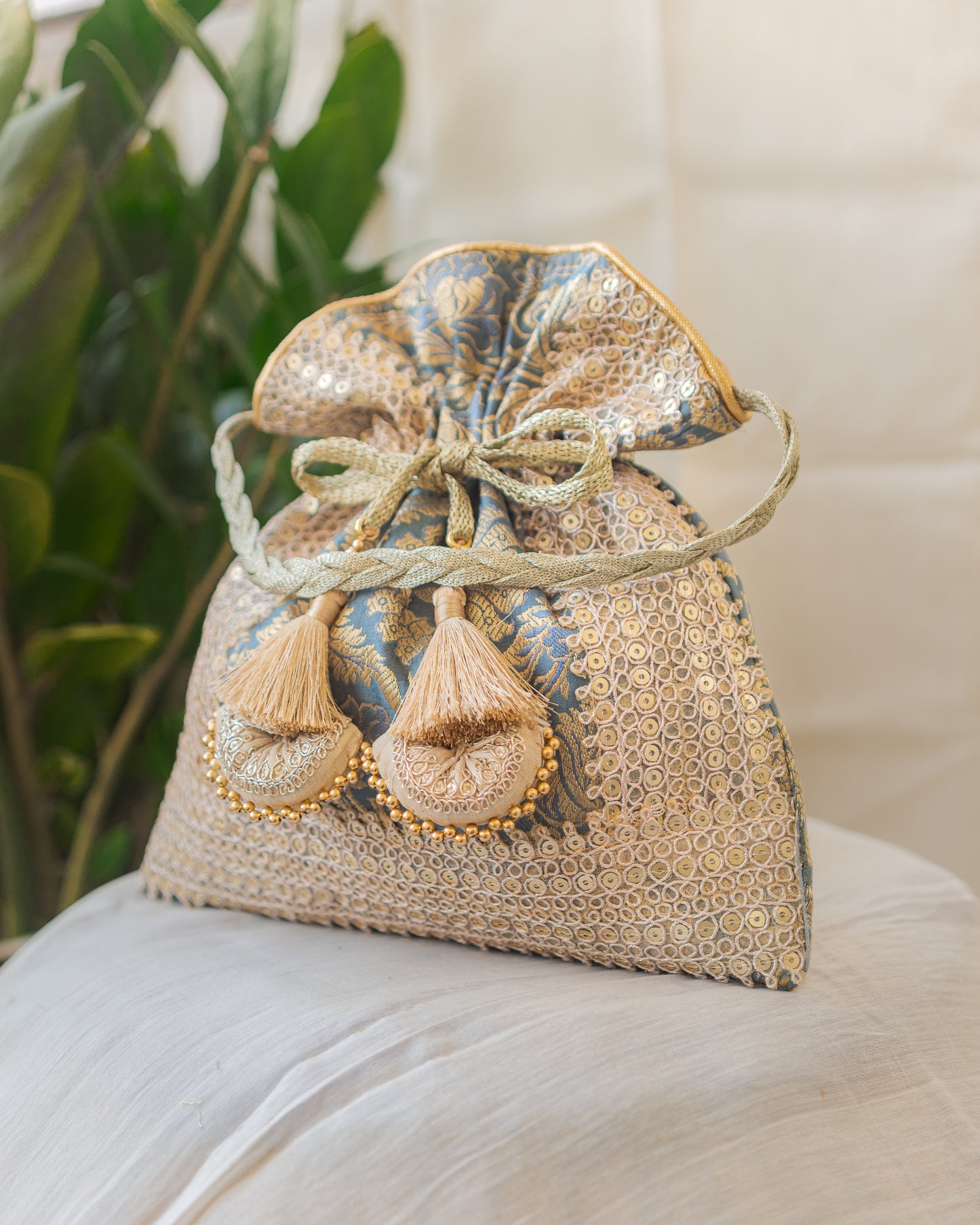 Grey & Golden Banarasi Potli With Triple Lace