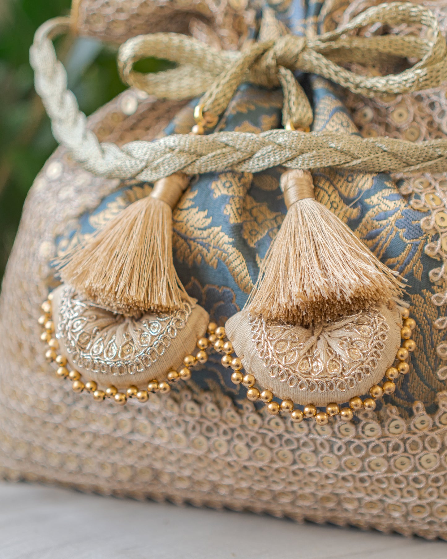 Grey & Golden Banarasi Potli With Triple Lace