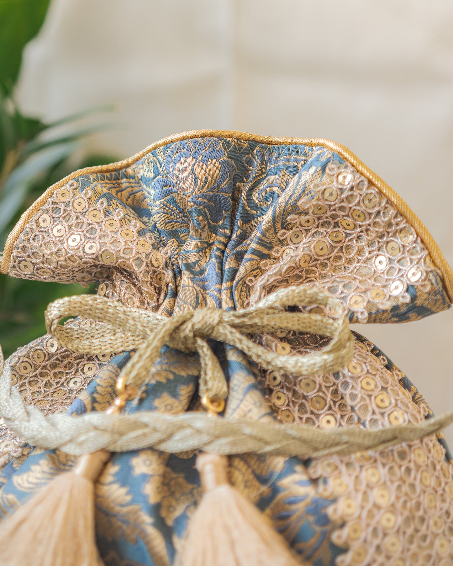 Grey & Golden Banarasi Potli With Triple Lace