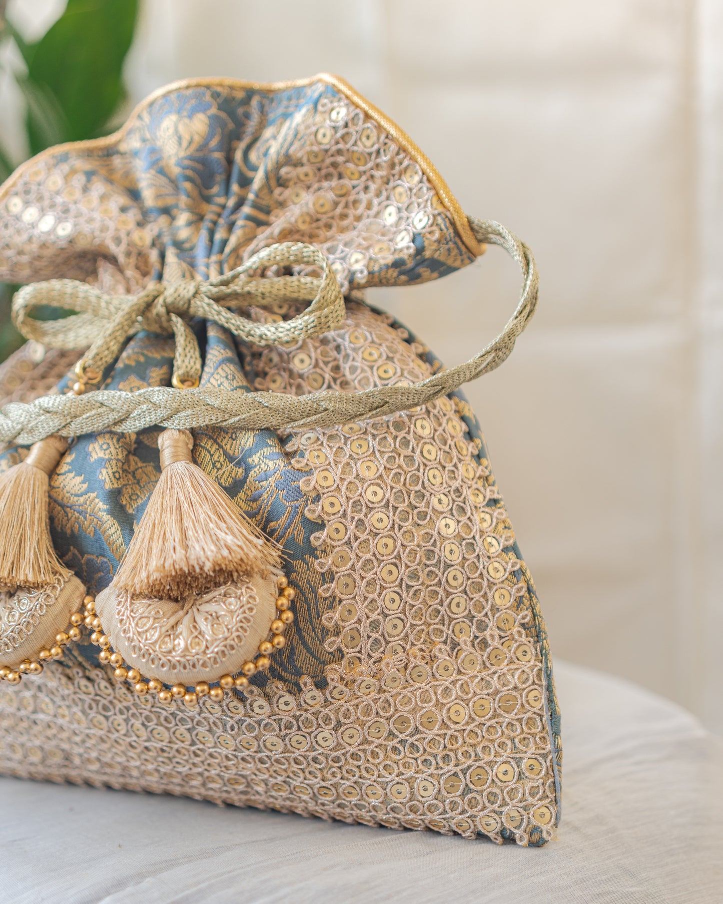 Grey & Golden Banarasi Potli With Triple Lace