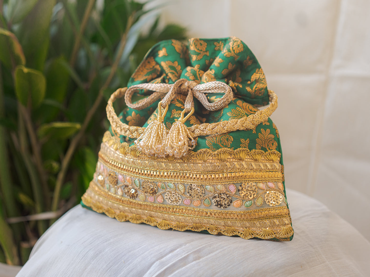 Green & Golden Banarasi Potli With Broad Lace