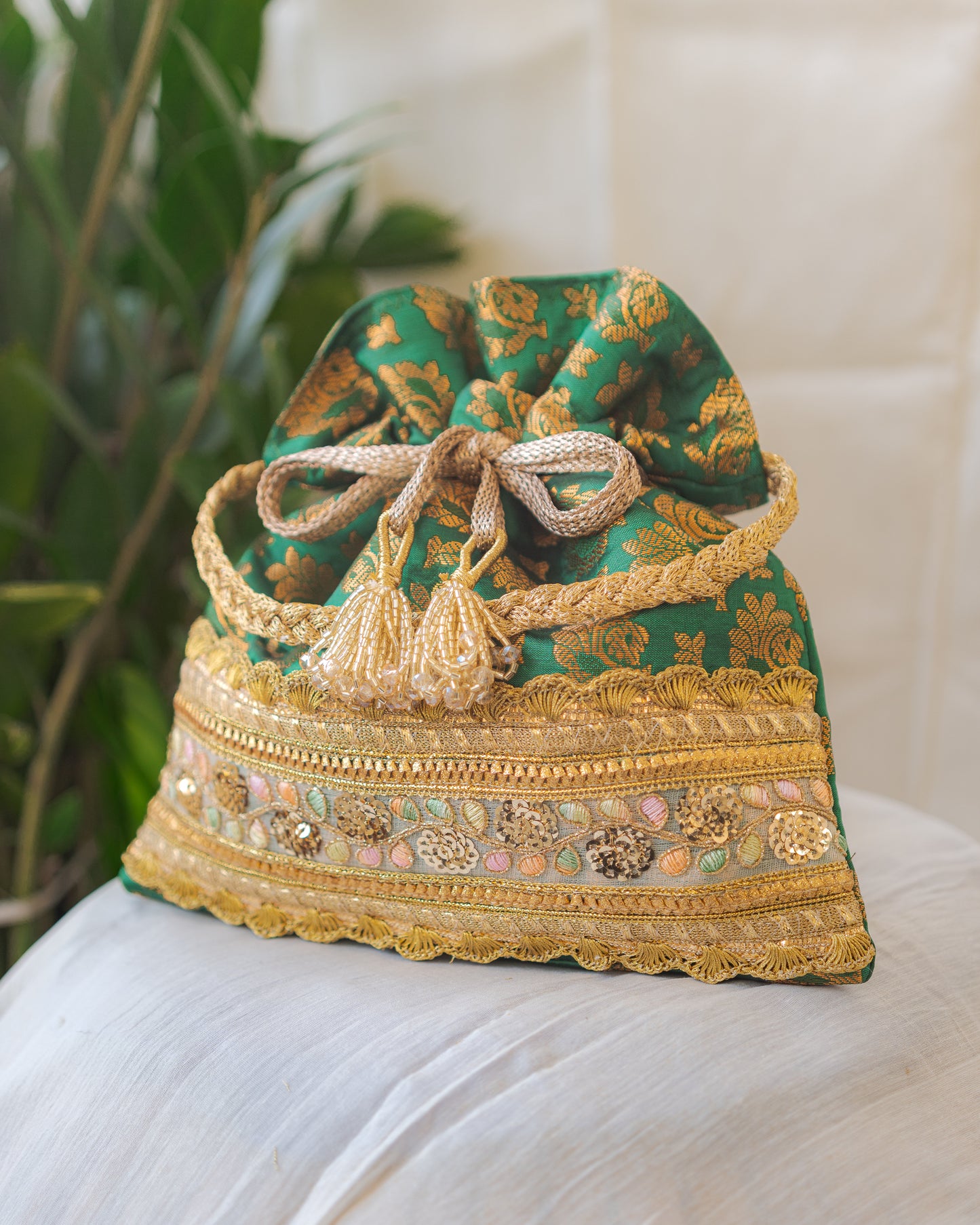 Green & Golden Banarasi Potli With Broad Lace