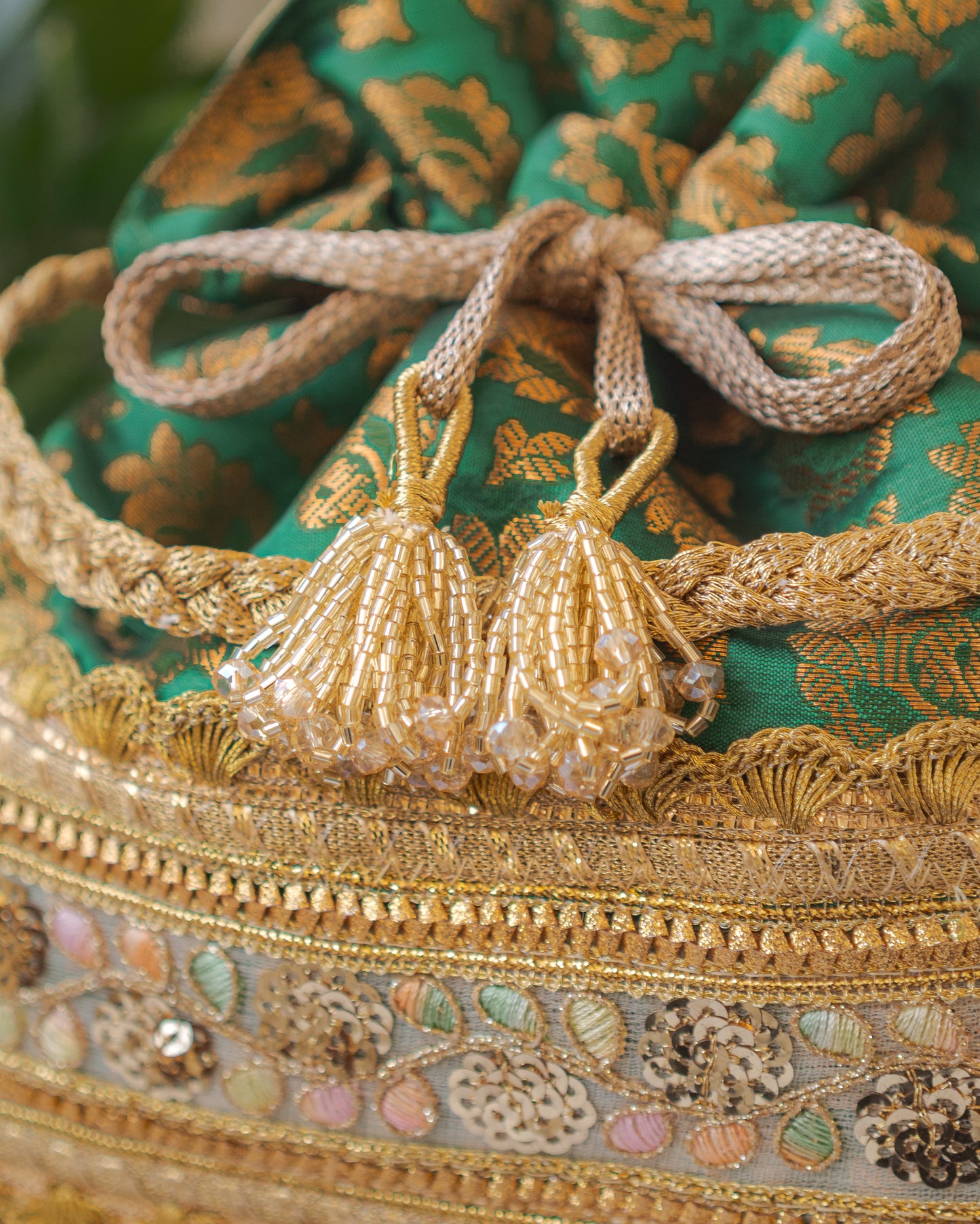 Green & Golden Banarasi Potli With Broad Lace