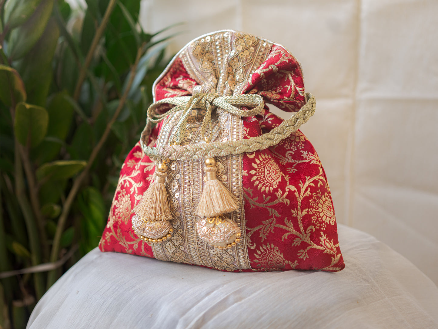 Maroon & Golden Banarasi Potli Bag With Broad Lace