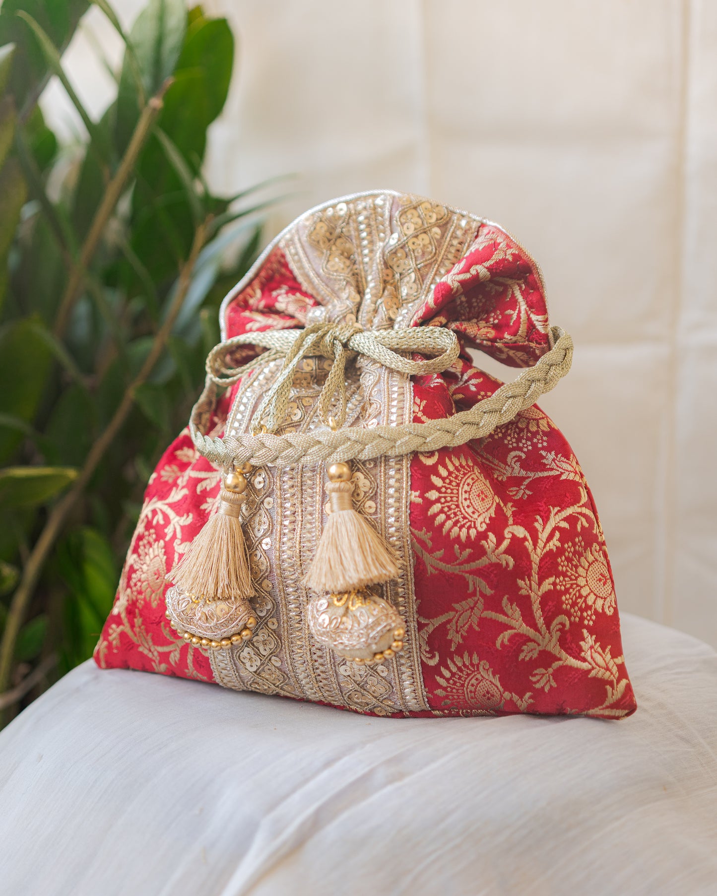 Maroon & Golden Banarasi Potli Bag With Broad Lace