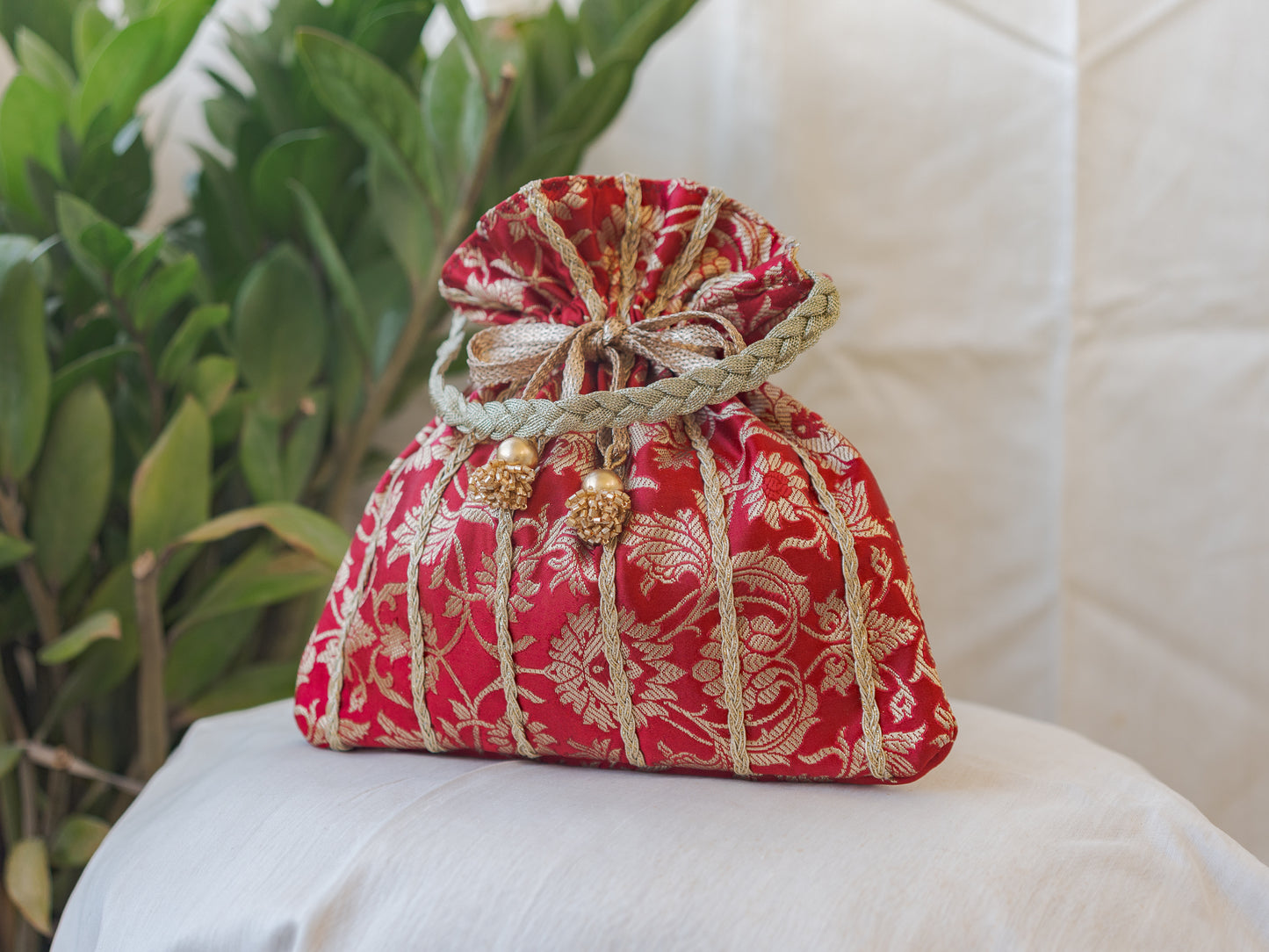 Dark Red & Golden Banarasi Potli Bag