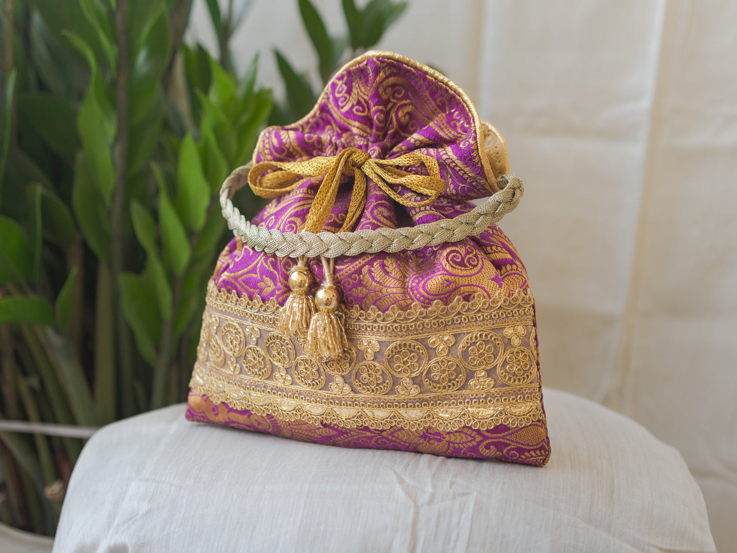 Purple & Golden Banarasi Potli With Golden Broad Lace