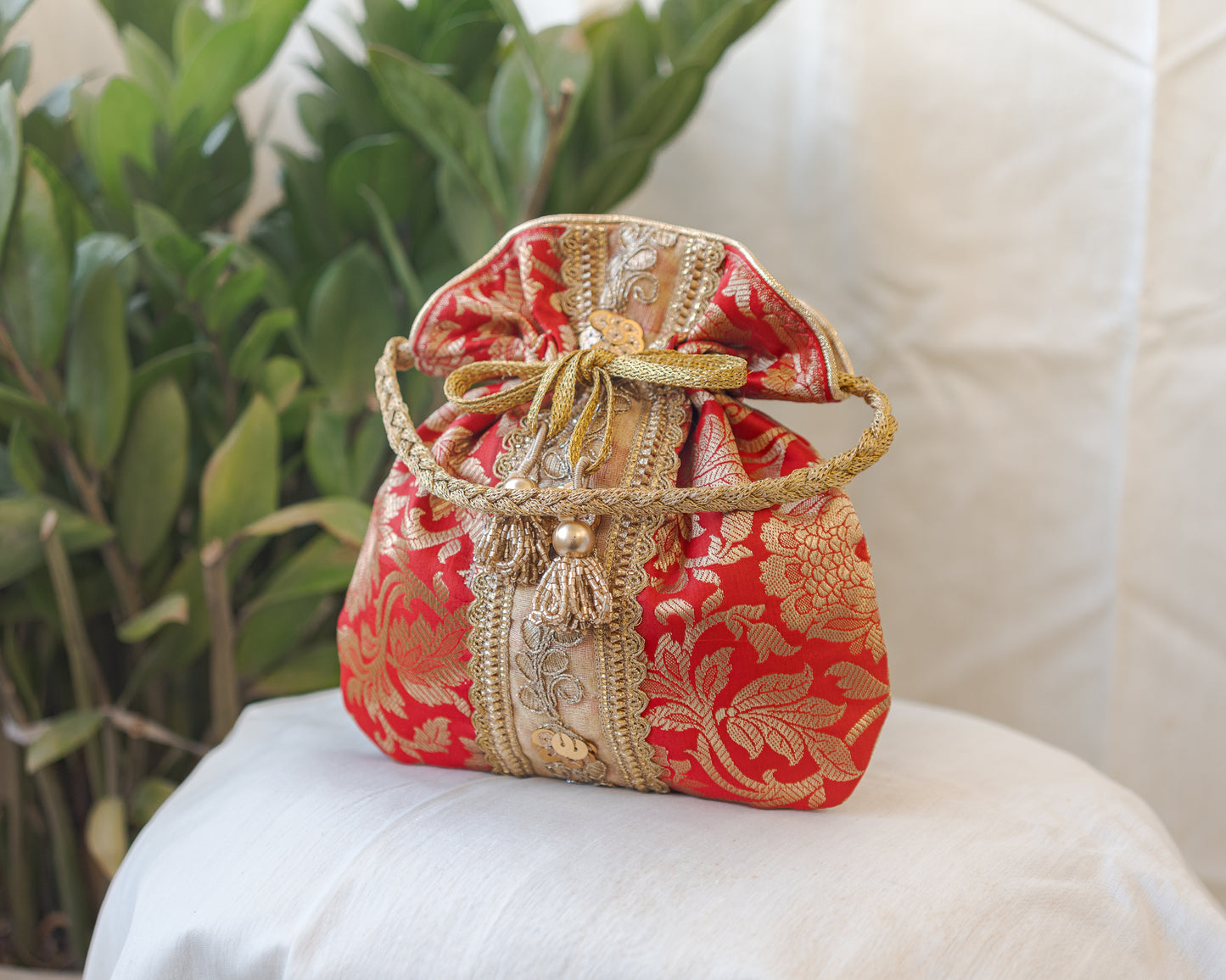 Red & Golden Lace Potli Bag