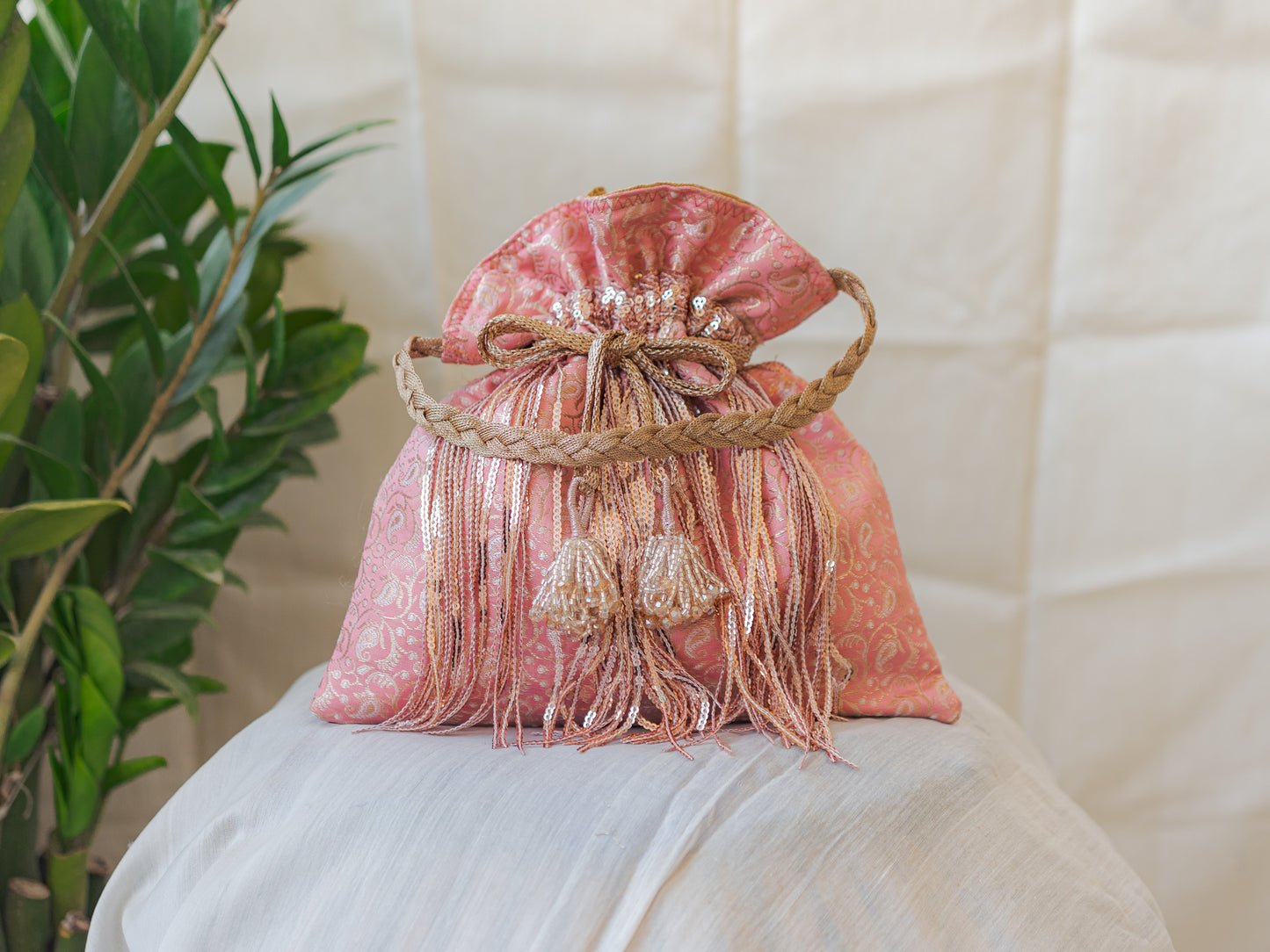 Rose Gold Sequins Potli With Glass Tassels