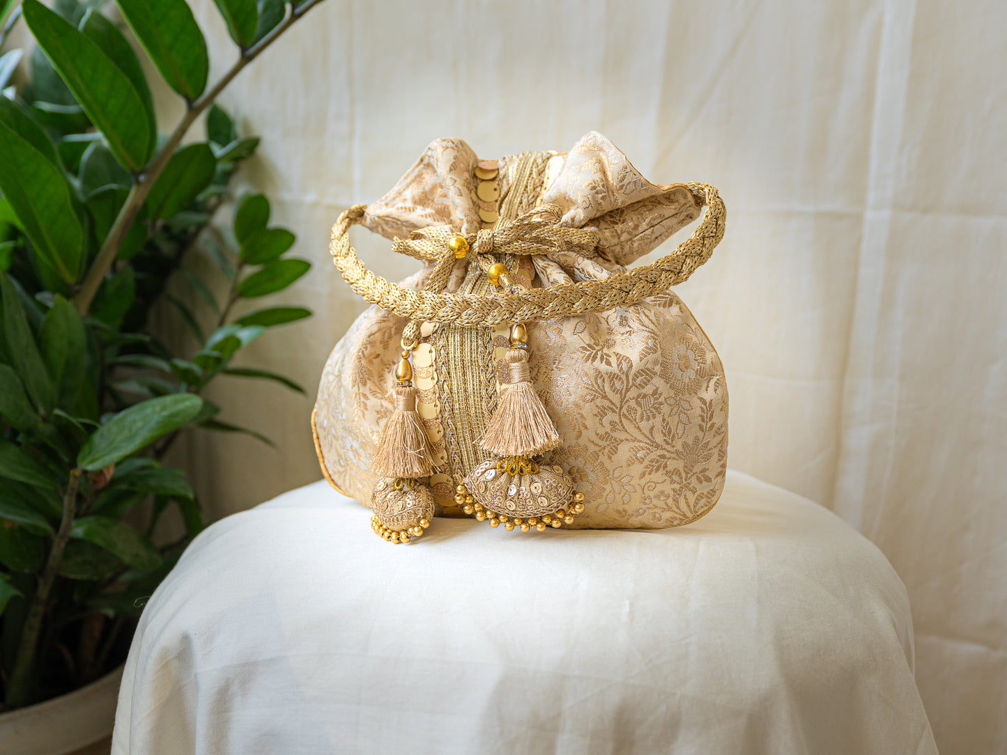 White & Golden Banarasi Potli