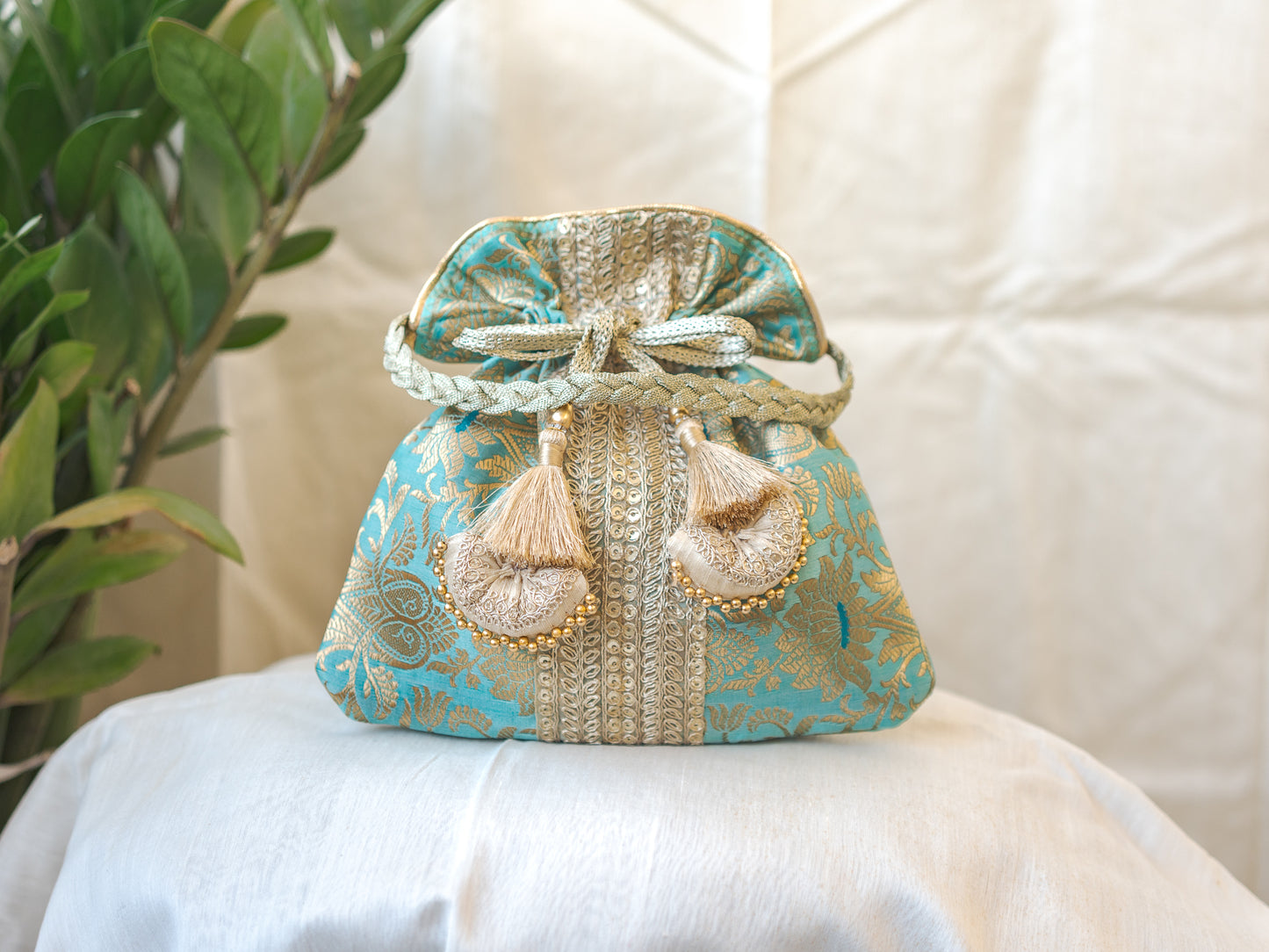 Sage Green & Golden Banarasi Potli