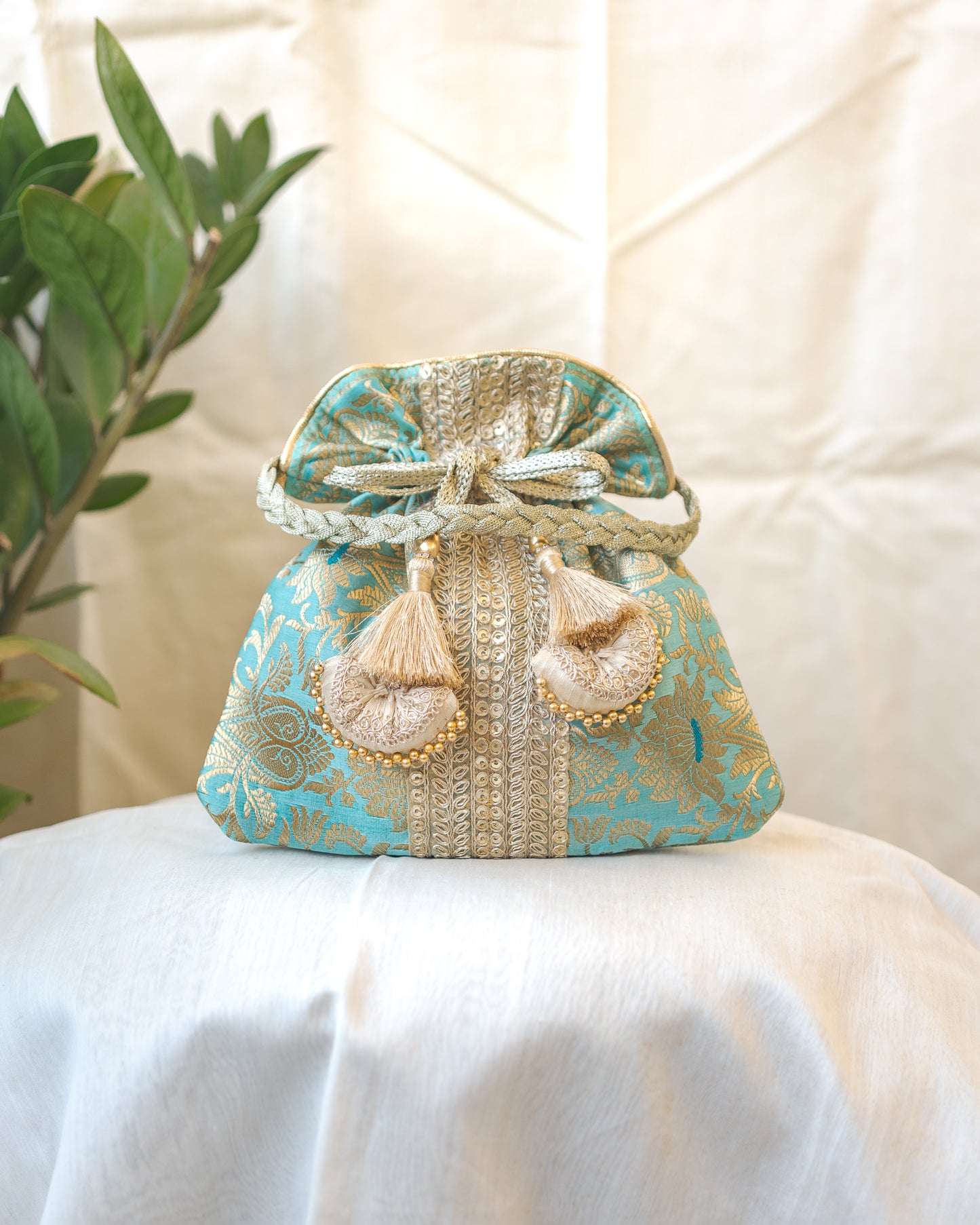 Sage Green & Golden Banarasi Potli