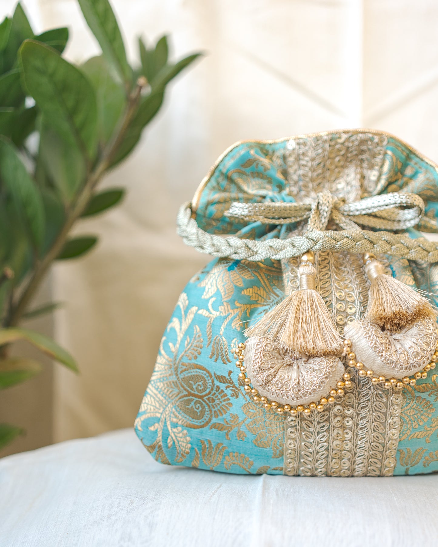 Sage Green & Golden Banarasi Potli