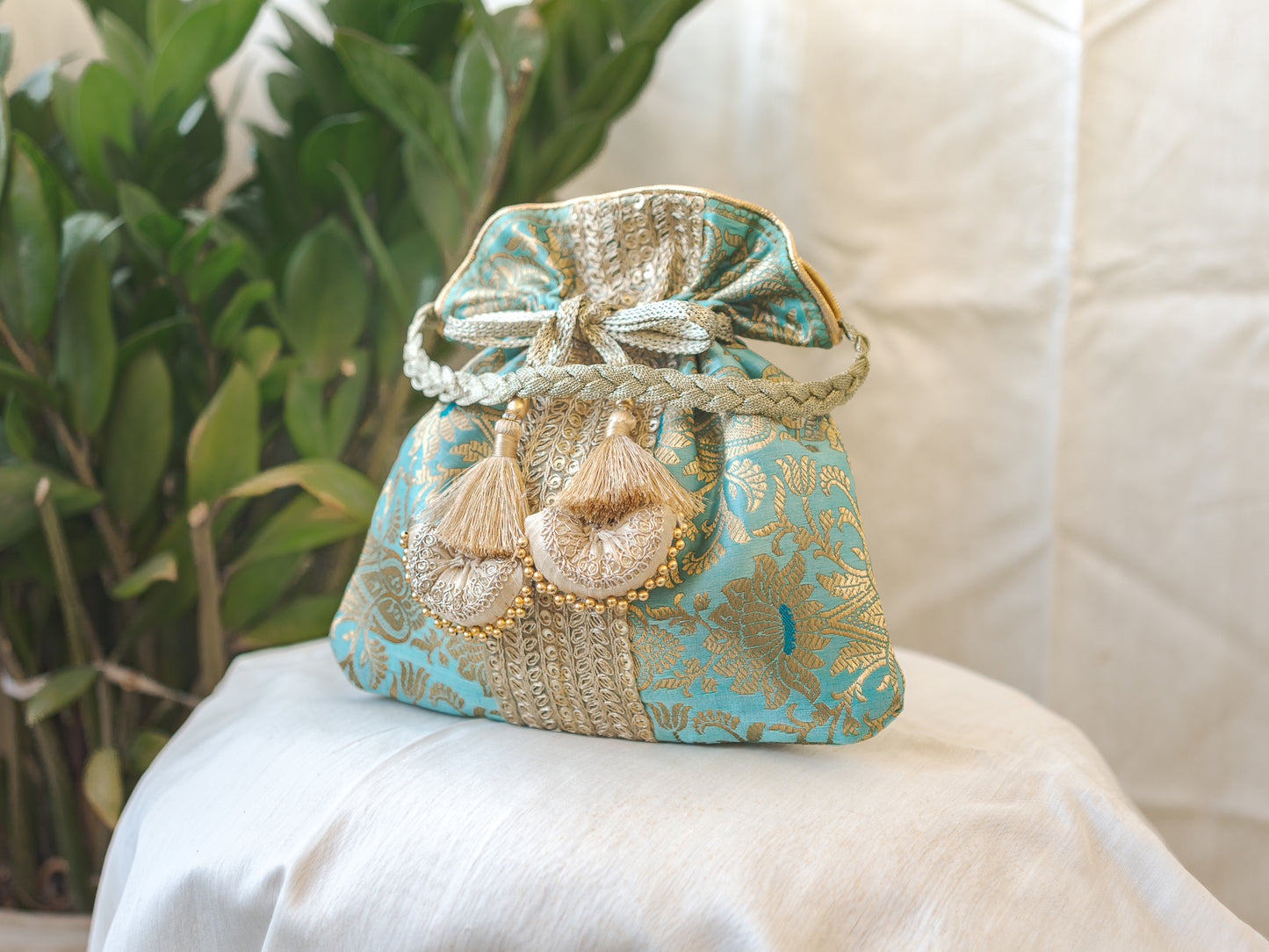 Sage Green & Golden Banarasi Potli