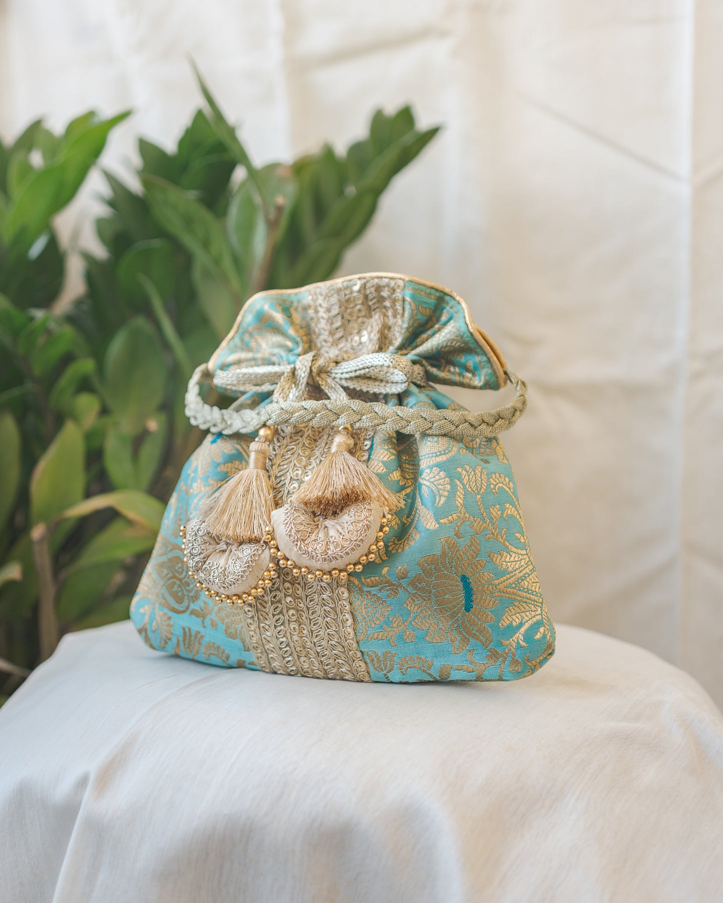 Sage Green & Golden Banarasi Potli