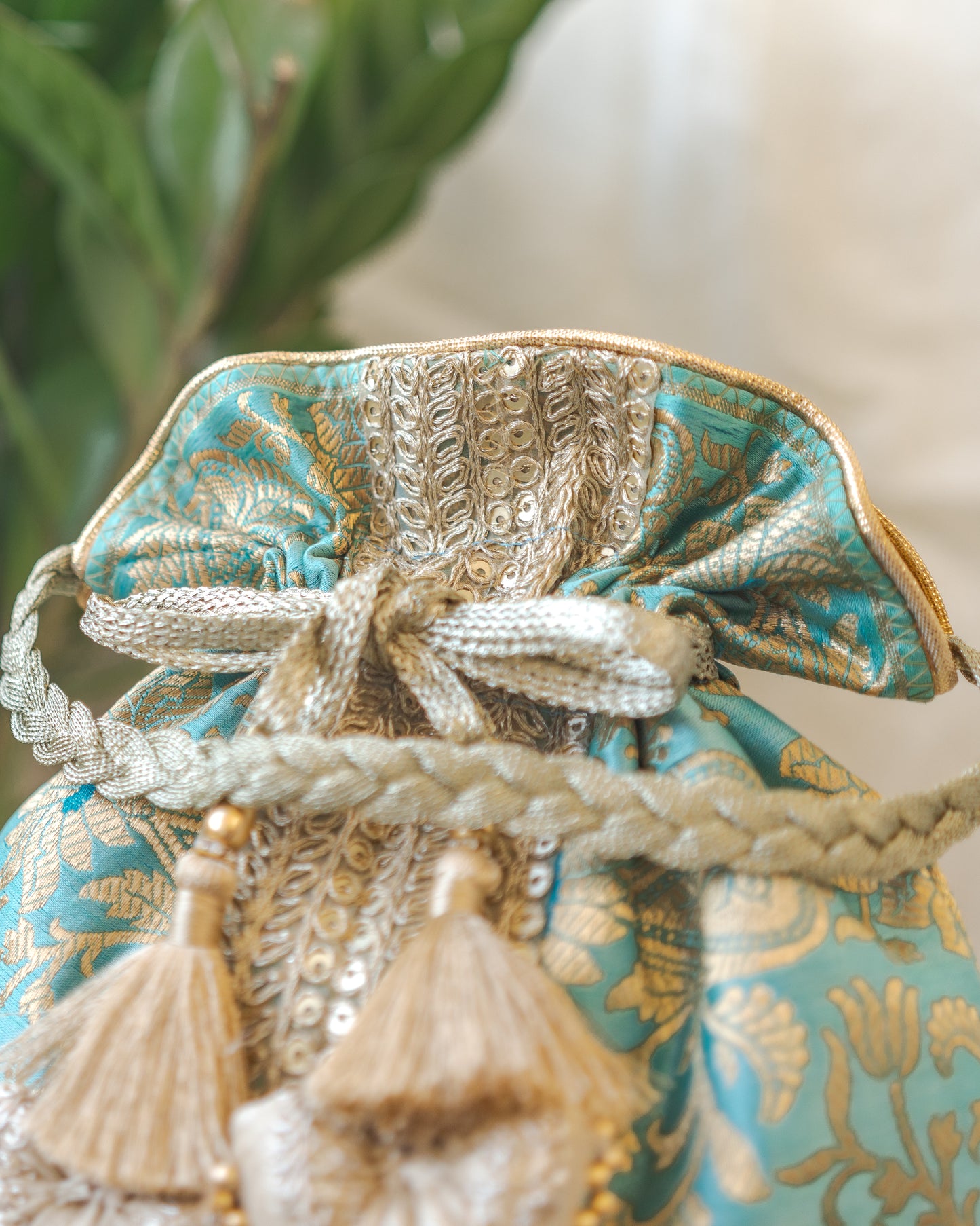 Sage Green & Golden Banarasi Potli