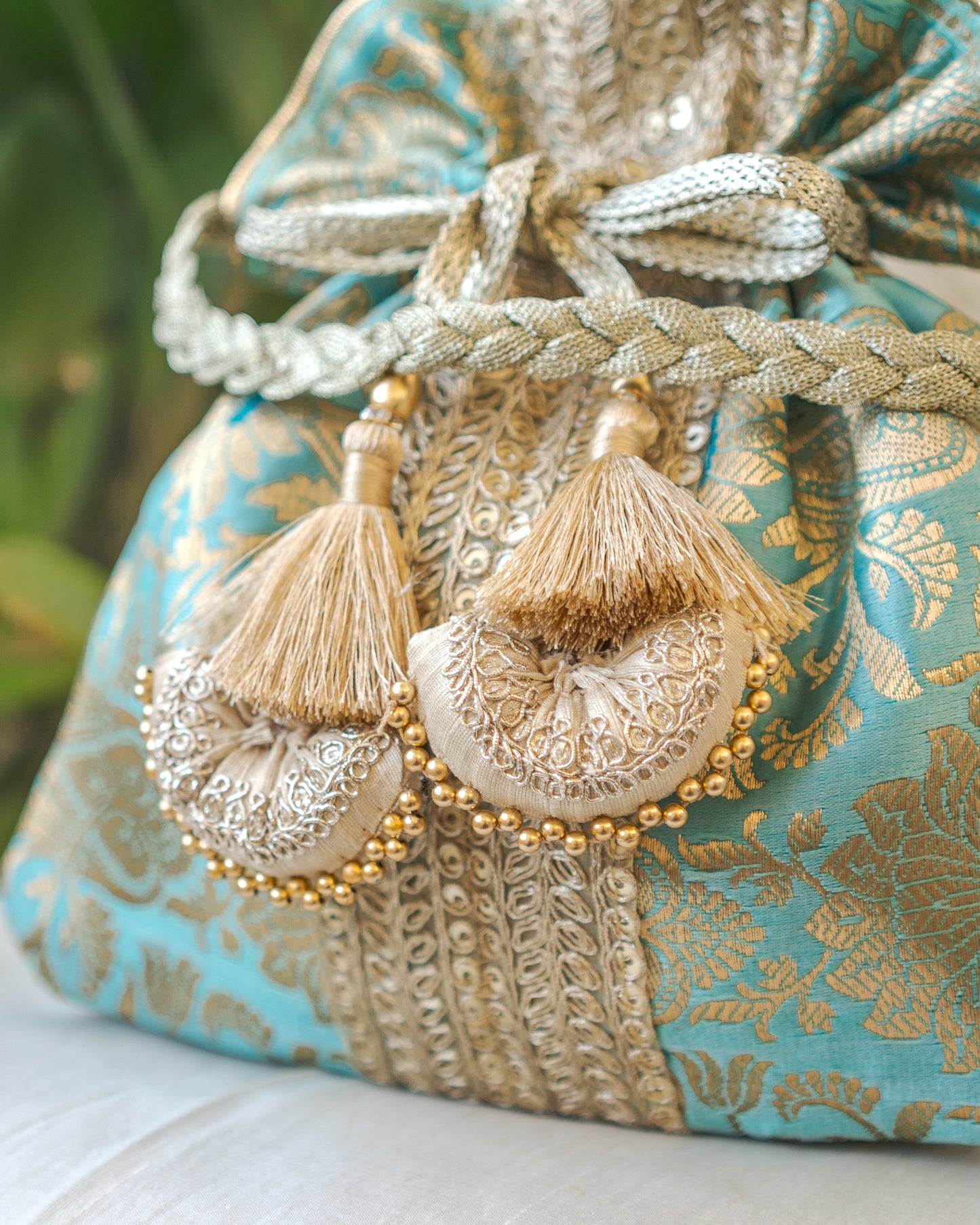 Sage Green & Golden Banarasi Potli