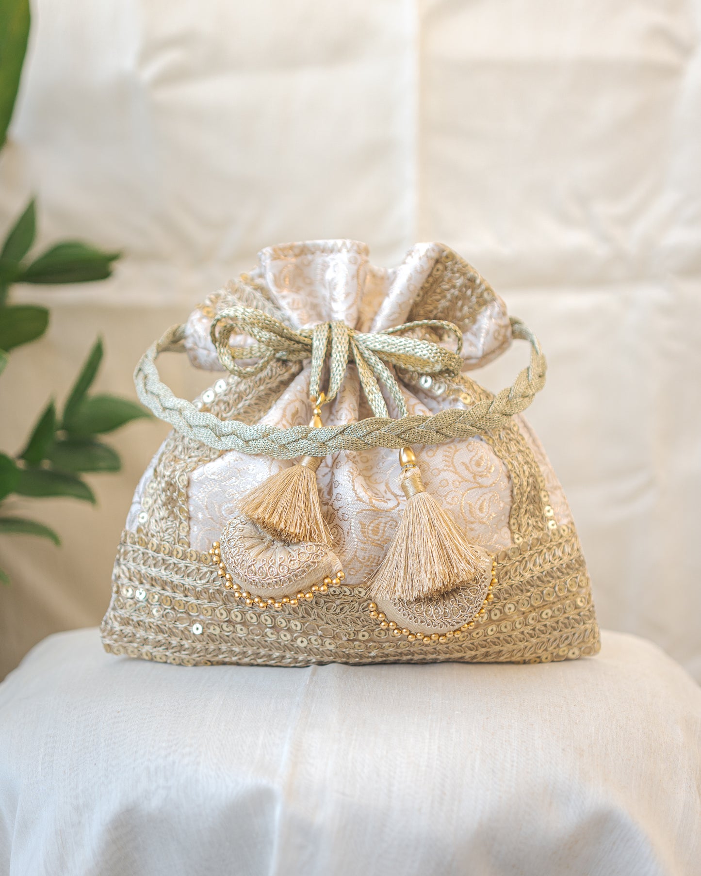 White & Golden Banarasi Potli With Triple Lace