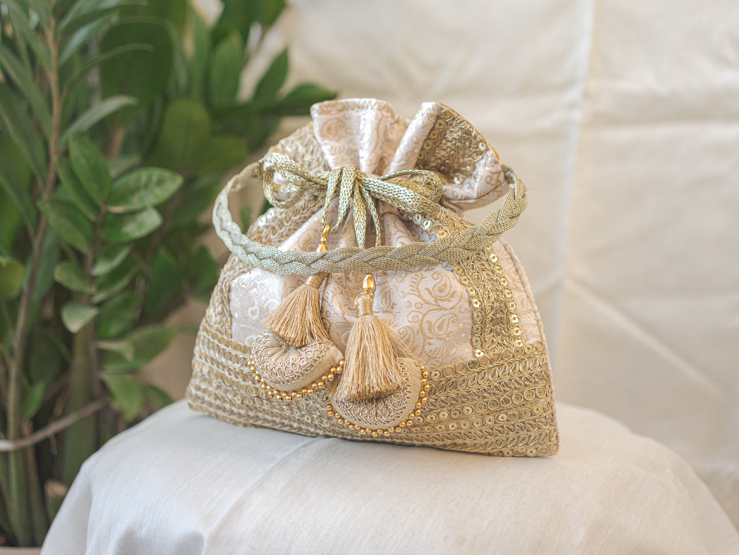 White & Golden Banarasi Potli With Triple Lace