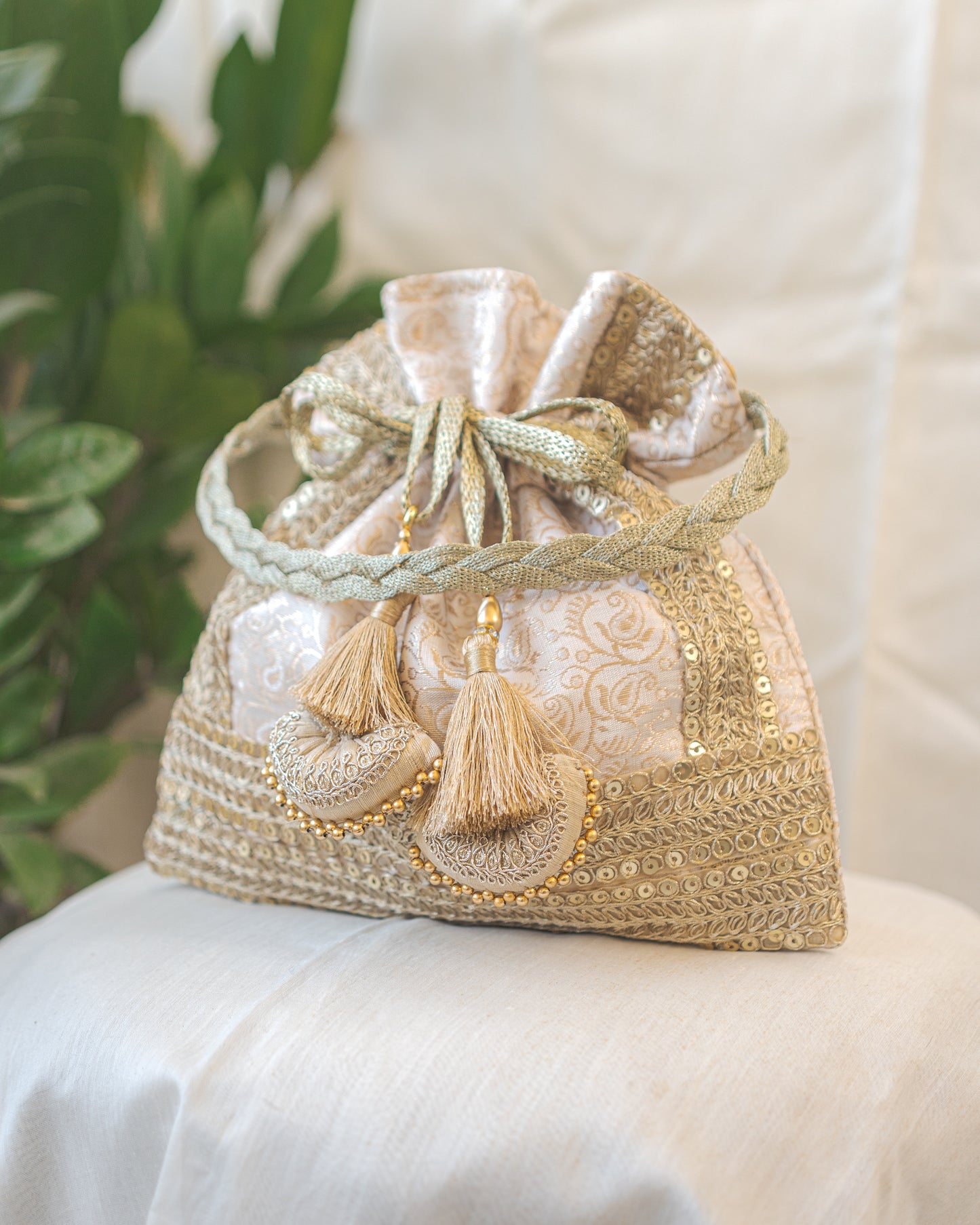 White & Golden Banarasi Potli With Triple Lace