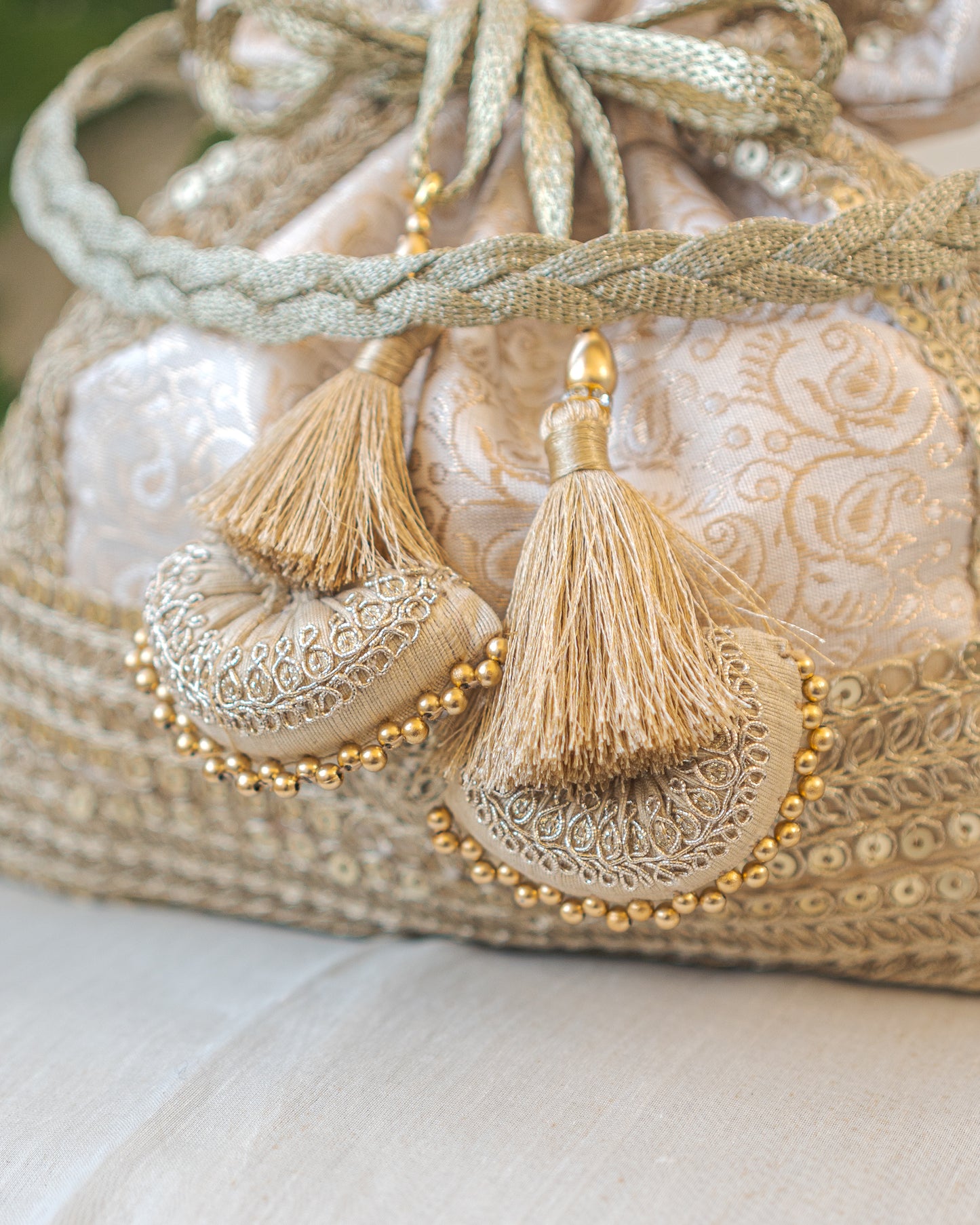 White & Golden Banarasi Potli With Triple Lace
