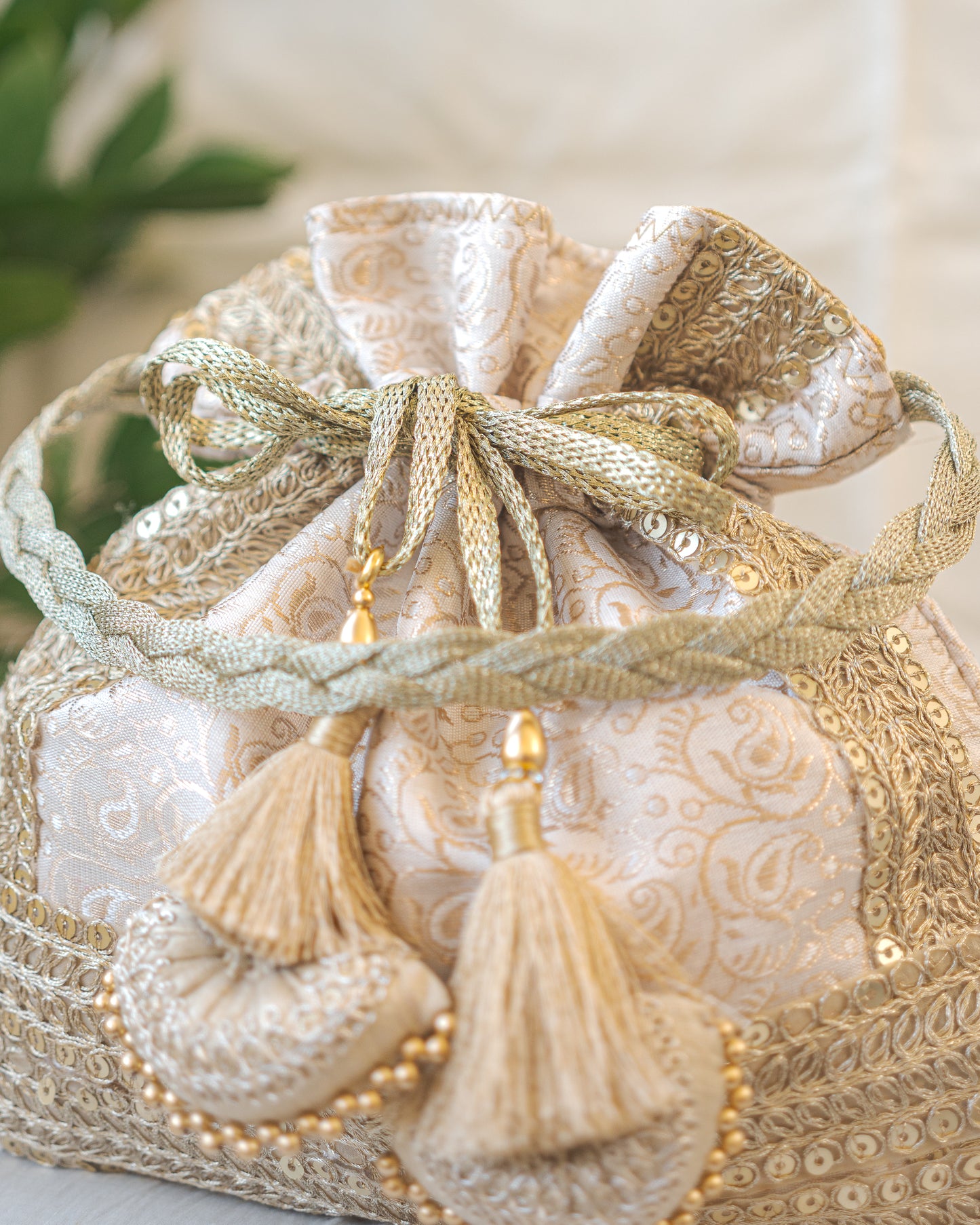 White & Golden Banarasi Potli With Triple Lace