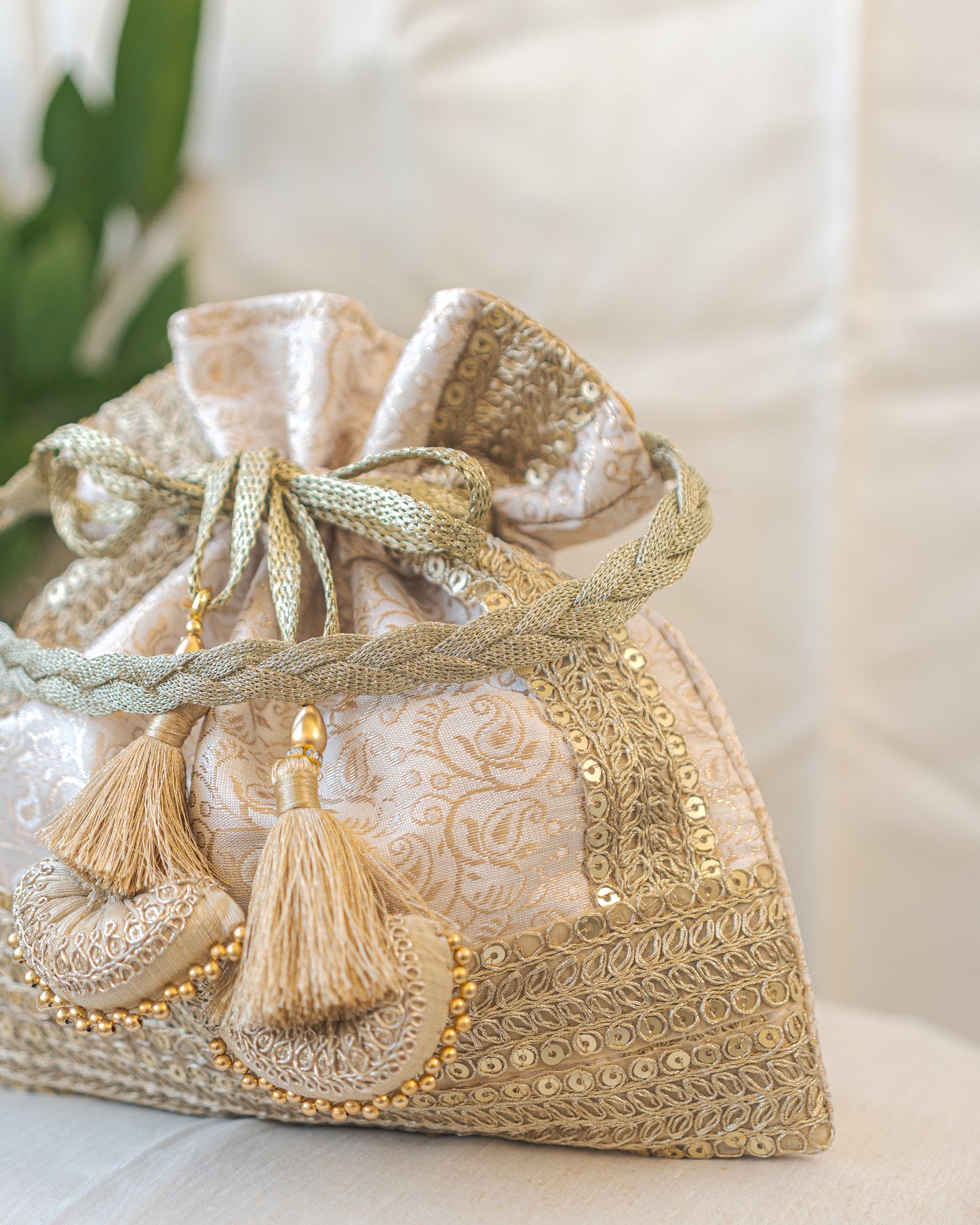 White & Golden Banarasi Potli With Triple Lace