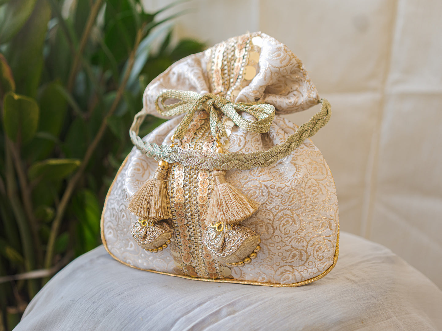 White & Golden Banarasi Potli