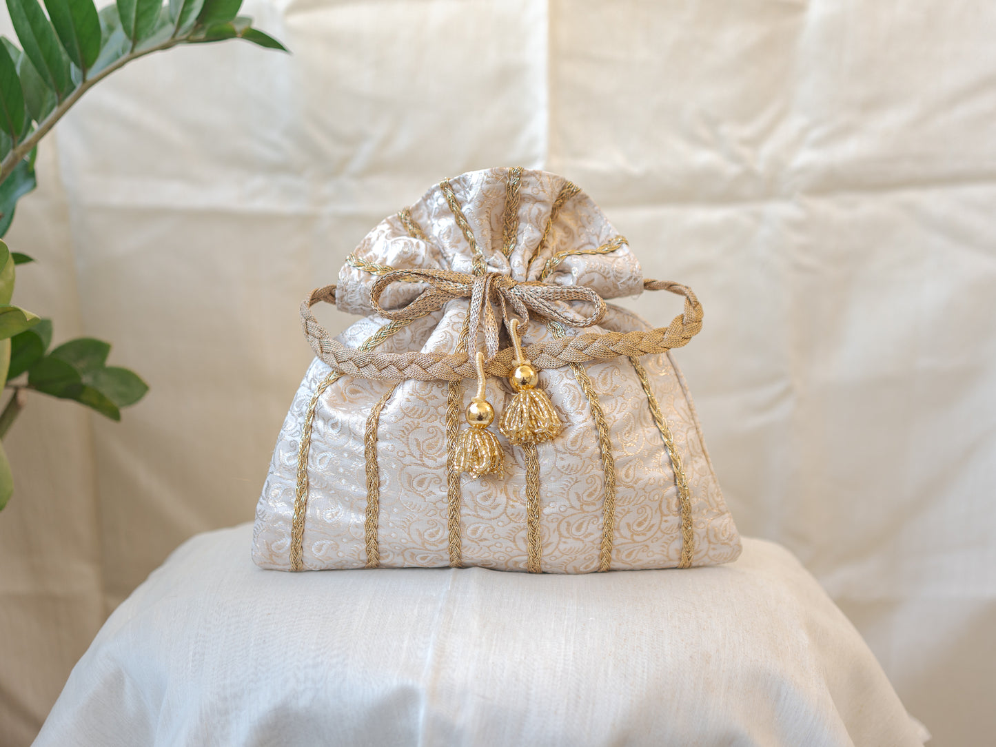White & Golden Lace Potli With Glass Tassels