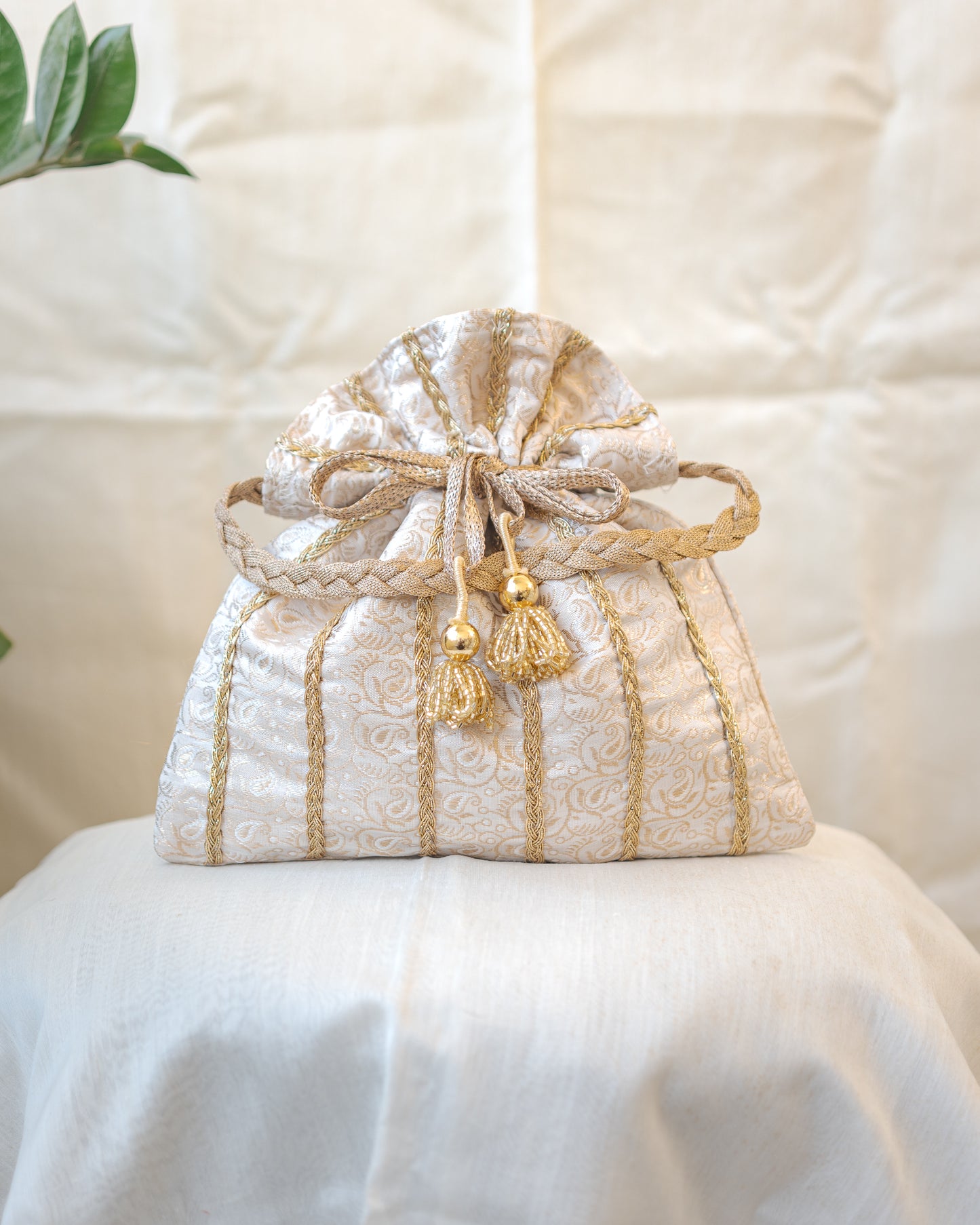 White & Golden Lace Potli With Glass Tassels