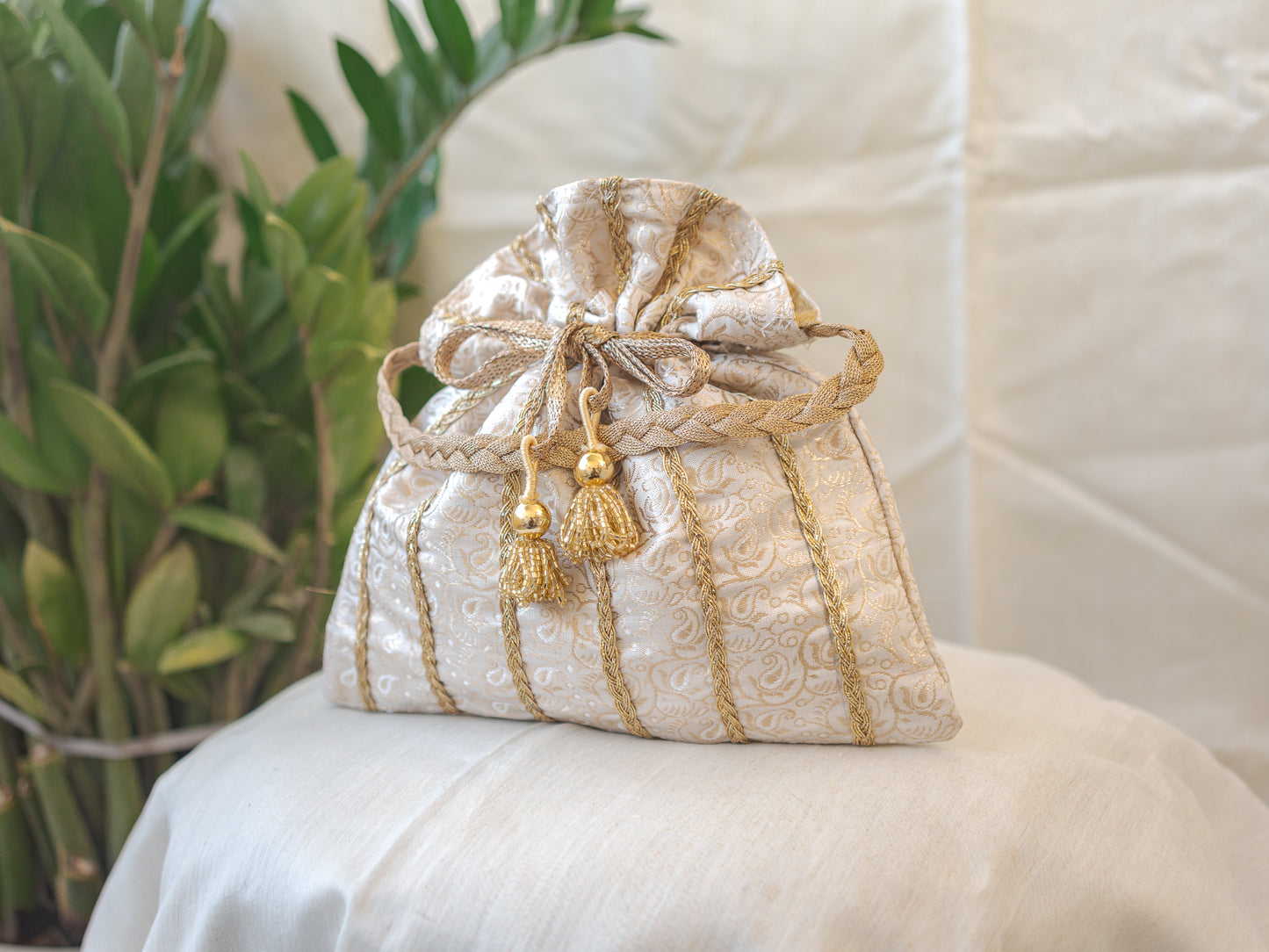White & Golden Lace Potli With Glass Tassels