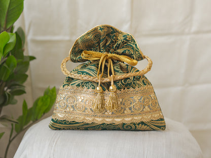 Bottle Green & Golden Banarasi Potli With Golden Broad Lace