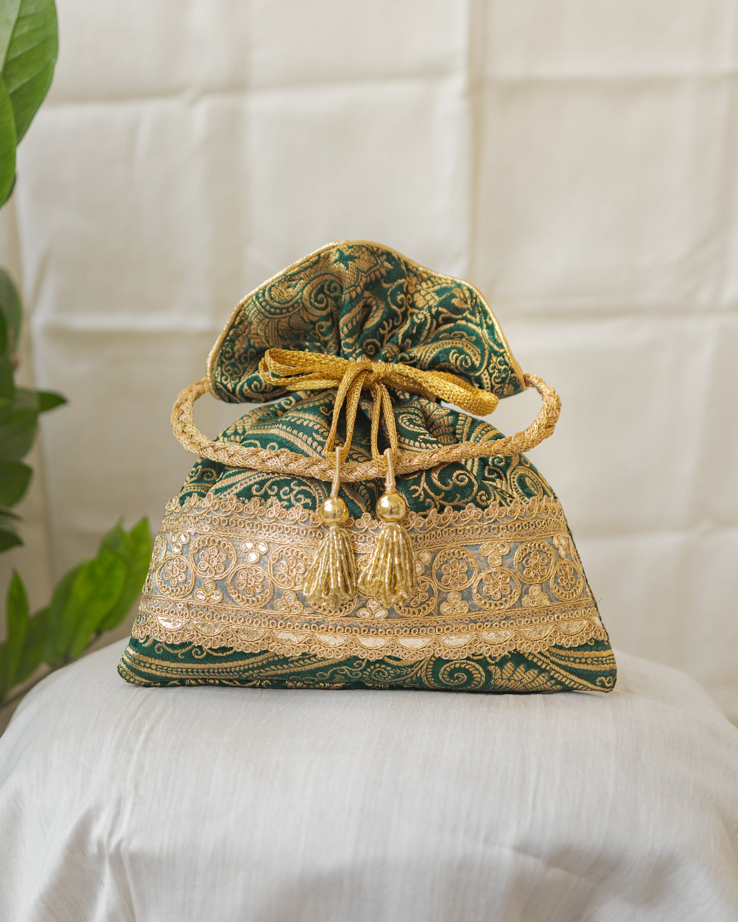 Bottle Green & Golden Banarasi Potli With Golden Broad Lace