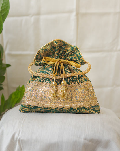 Bottle Green & Golden Banarasi Potli With Golden Broad Lace