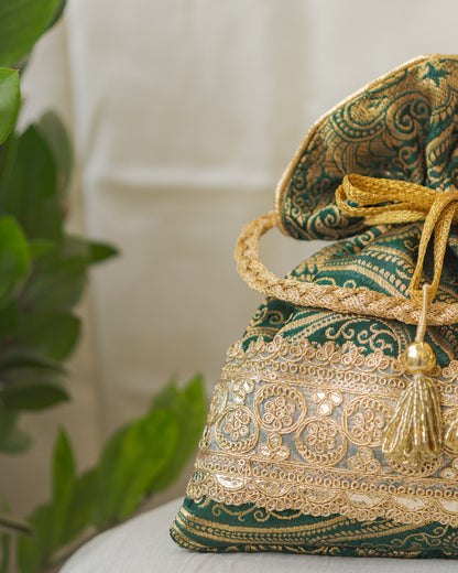 Bottle Green & Golden Banarasi Potli With Golden Broad Lace