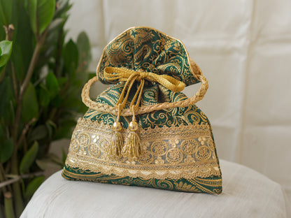 Bottle Green & Golden Banarasi Potli With Golden Broad Lace