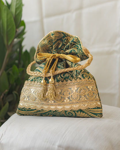 Bottle Green & Golden Banarasi Potli With Golden Broad Lace
