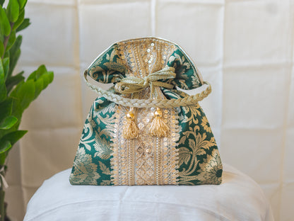 Bottle Green & Golden Banarasi Potli With Broad Lace
