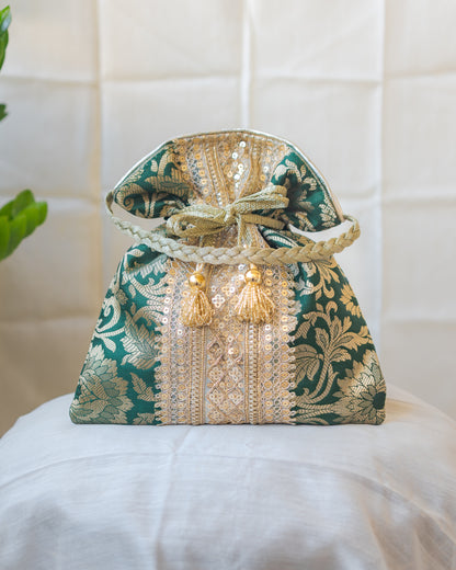 Bottle Green & Golden Banarasi Potli With Broad Lace