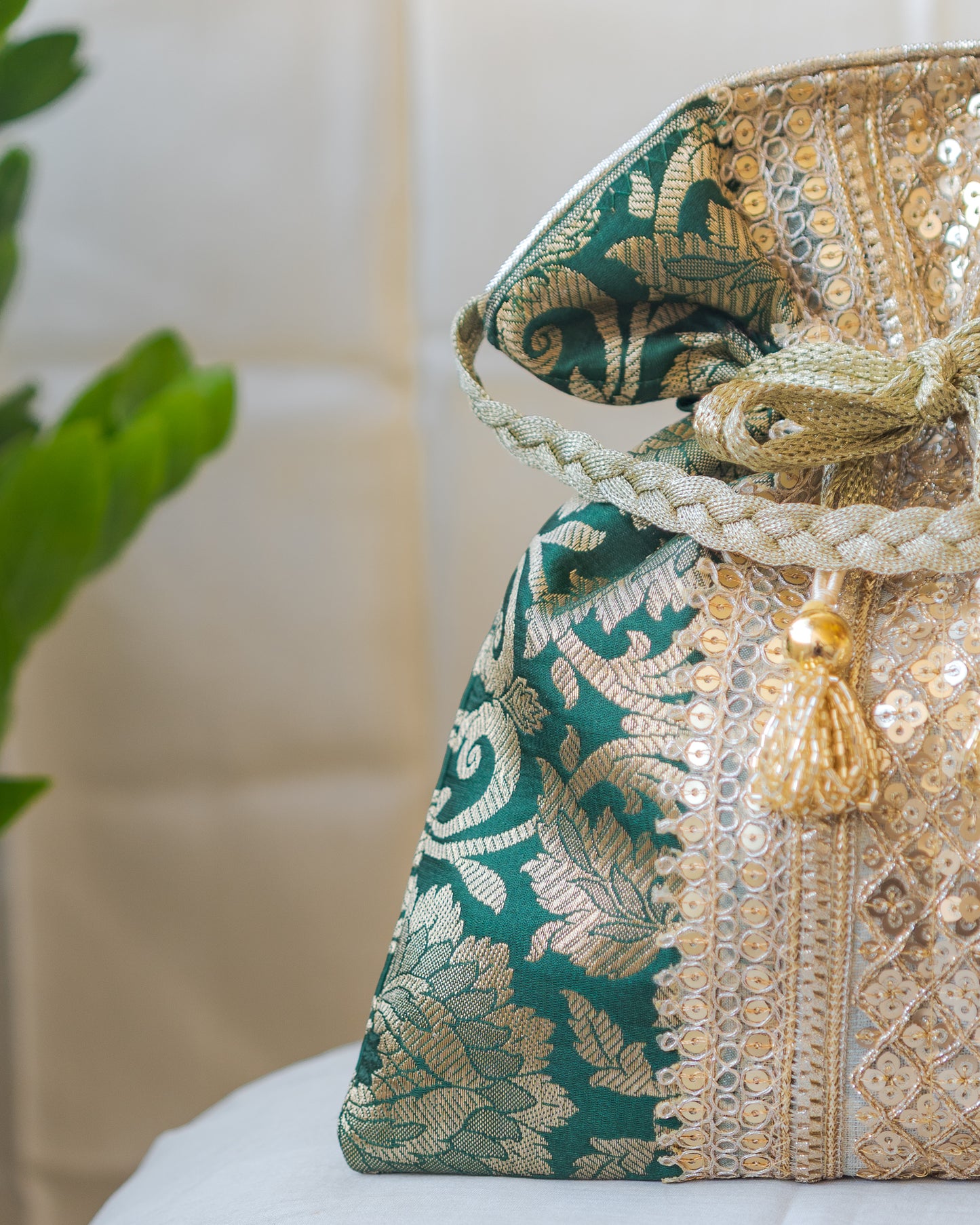 Bottle Green & Golden Banarasi Potli With Broad Lace