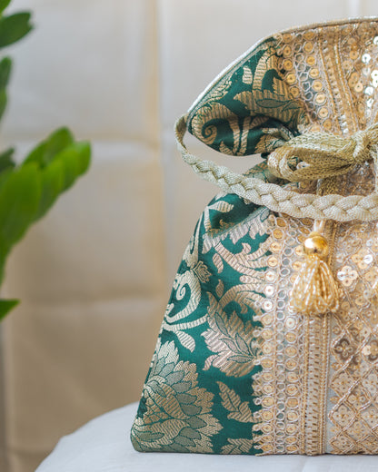 Bottle Green & Golden Banarasi Potli With Broad Lace
