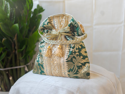 Bottle Green & Golden Banarasi Potli With Broad Lace