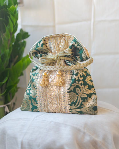 Bottle Green & Golden Banarasi Potli With Broad Lace