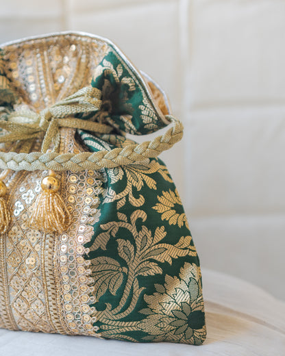Bottle Green & Golden Banarasi Potli With Broad Lace