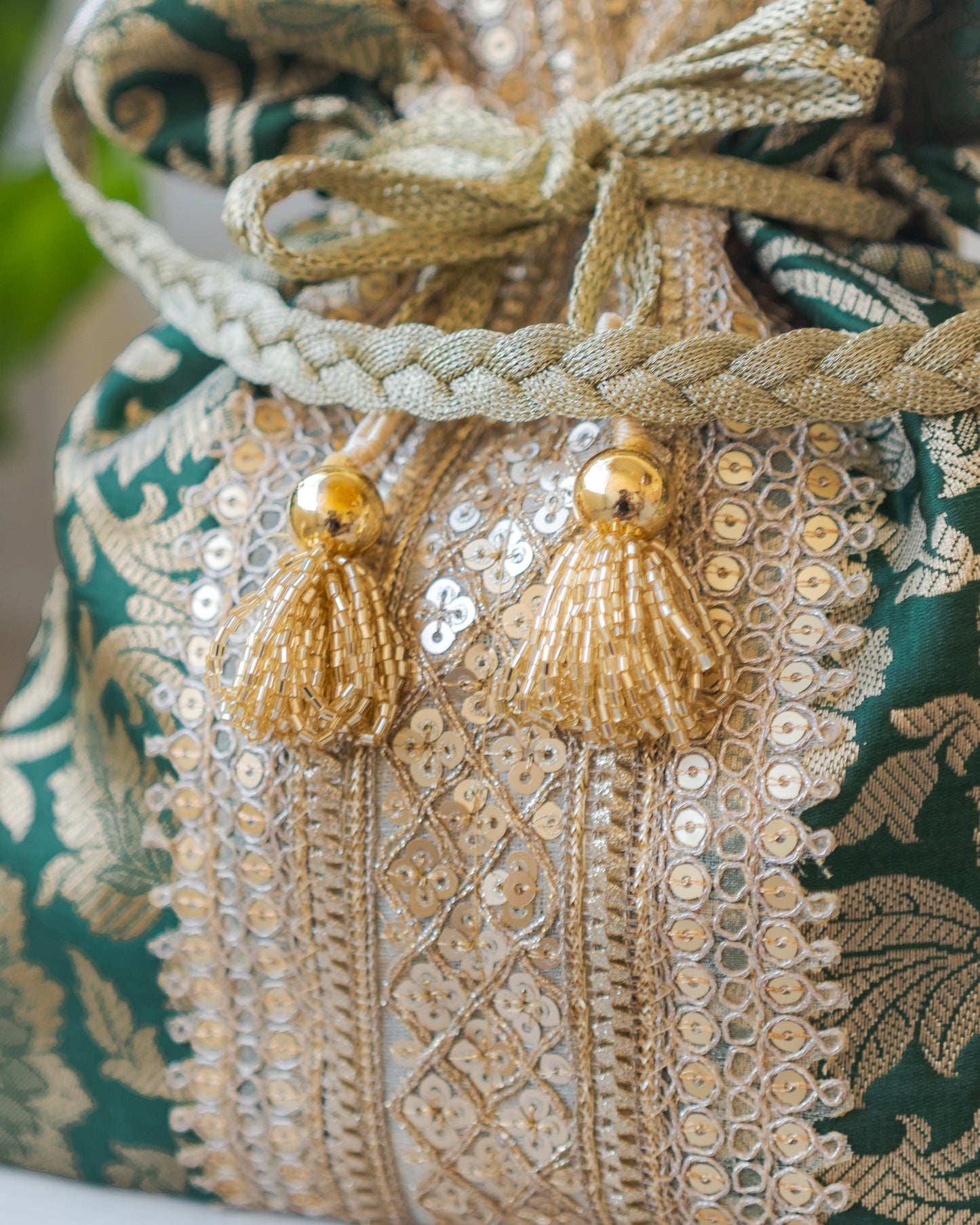 Bottle Green & Golden Banarasi Potli With Broad Lace