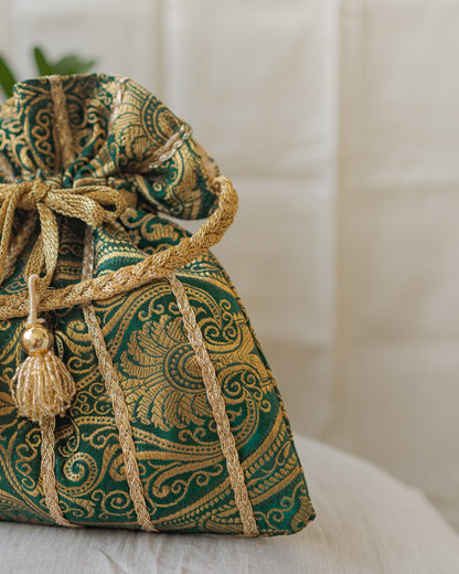 Bottle Green & Golden Banarasi Potli With Glass Tassels