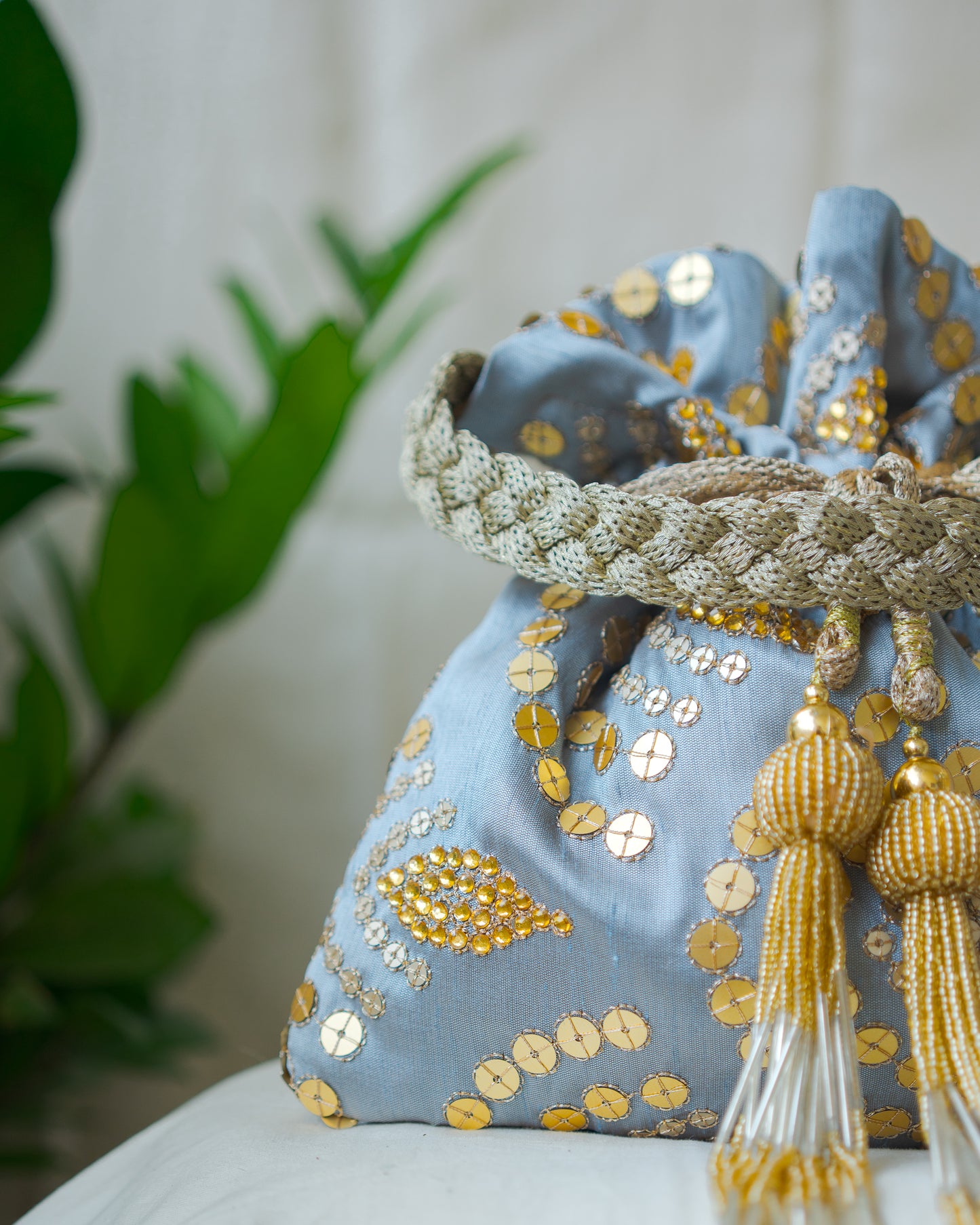 Coral Blue & Golden Sequins Potli Bag